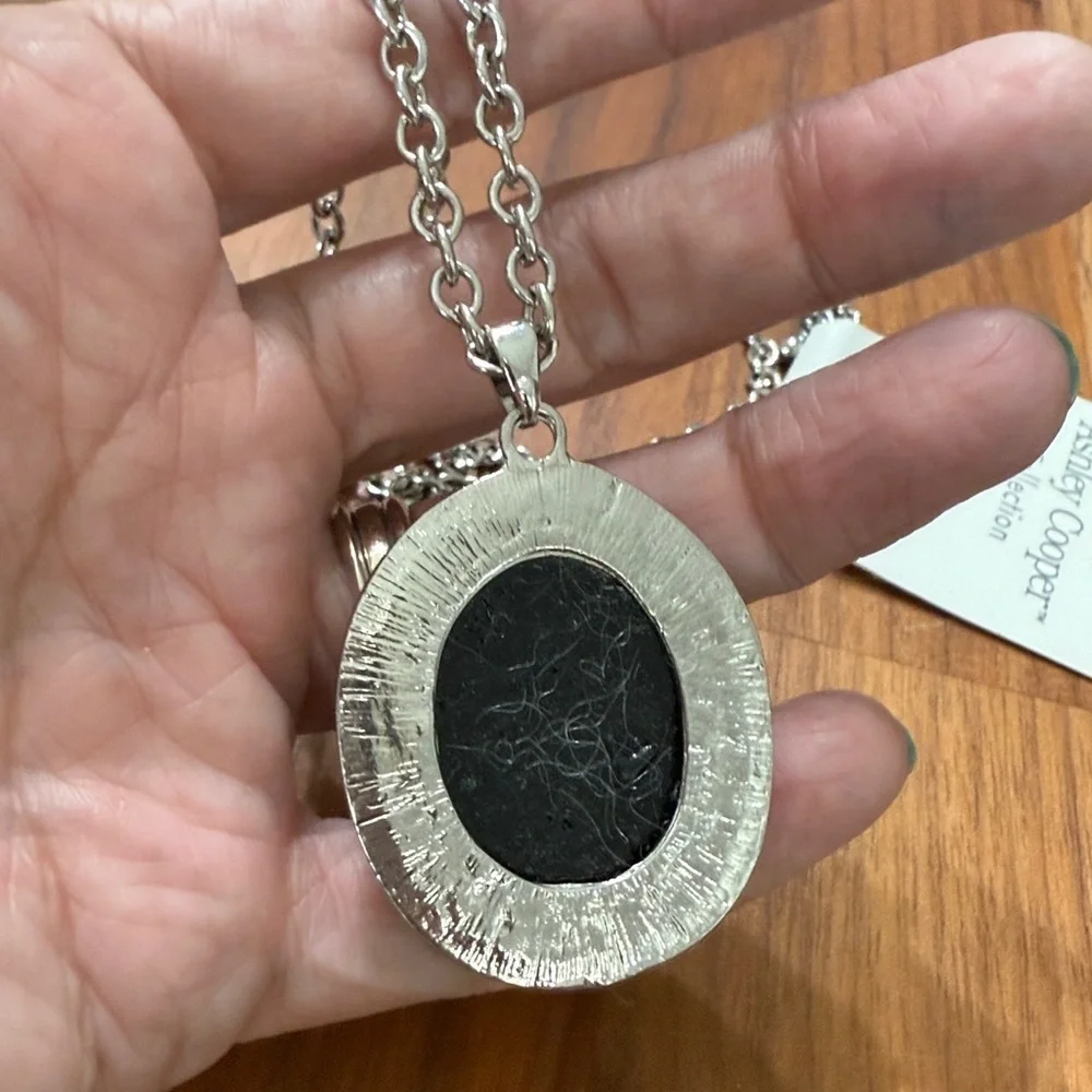 NWT Ashley Cooper Silver Tone Black Druzy Rock Geode Pendant Art Deco Necklace
